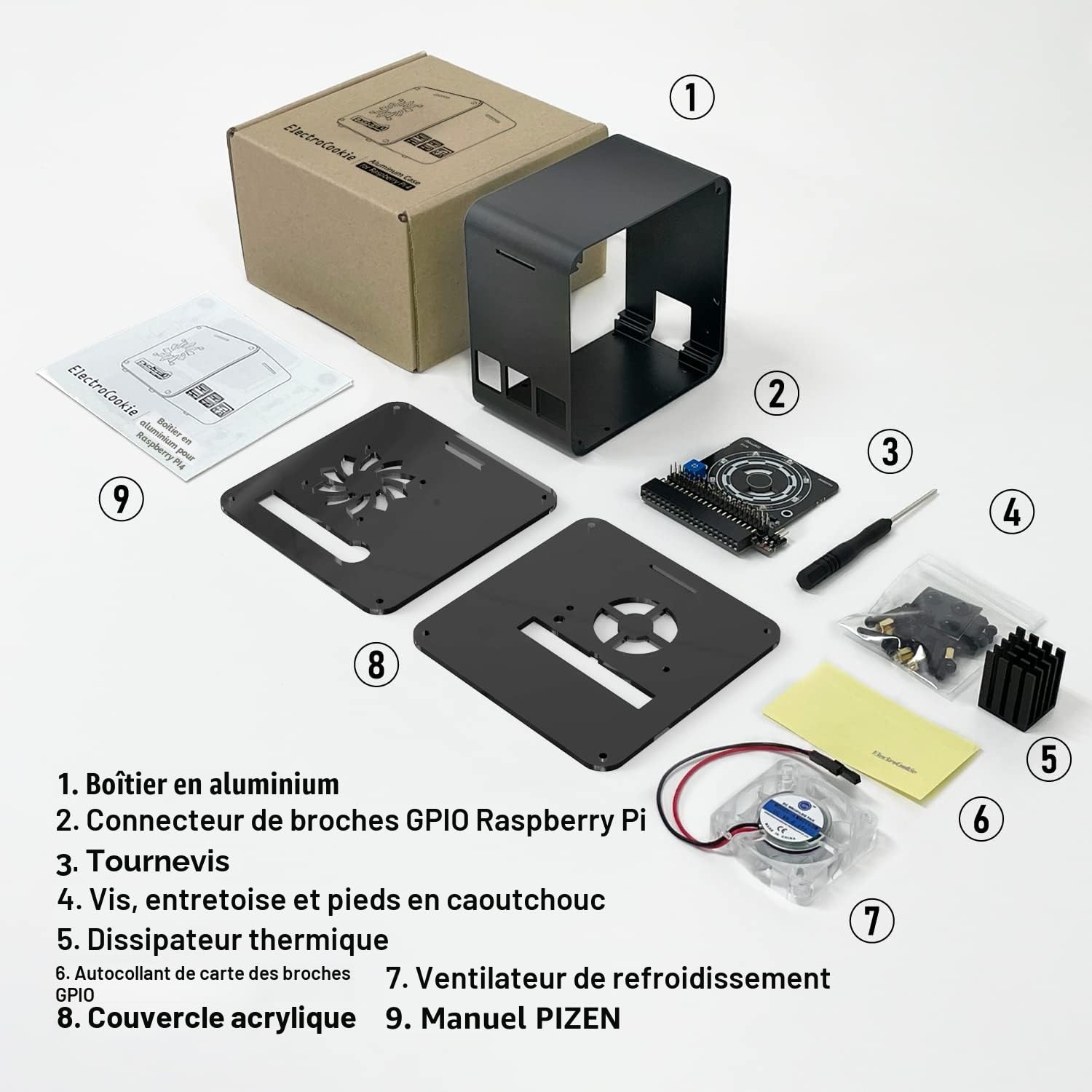 Boîtier Tour en Aluminium ElectroCookie Mini pour Raspberry Pi 4 avec Ventilateur de Refroidissement et lumière d'ambiance à Couleur Changeante (Noir Mat et Gris foncé)