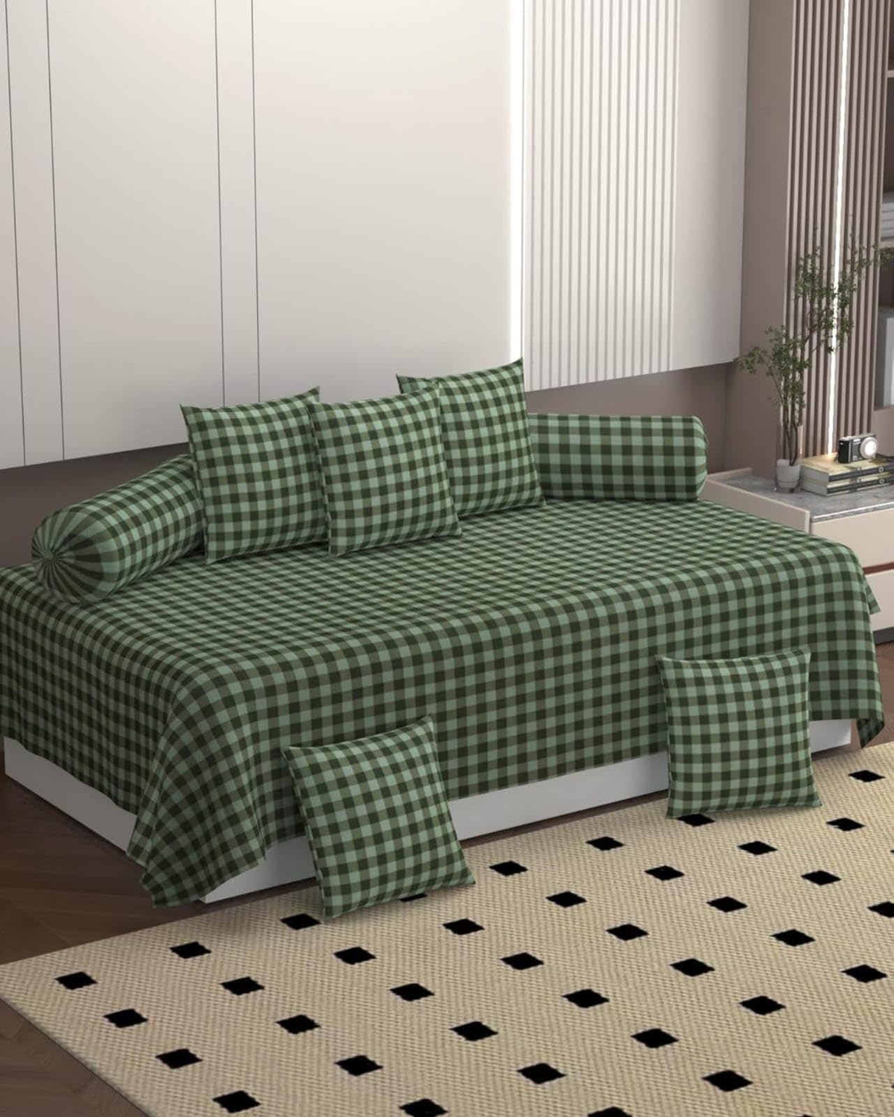 220 TC Diwan Set 8 Pcs | Pure Cotton | Contrast Cushion & Bolster Covers | Designer Printed Diwan Set (1 Single Bedsheet, 2 Bolster Covers & 5 Cushion Covers) (8, Green Check)-image-7