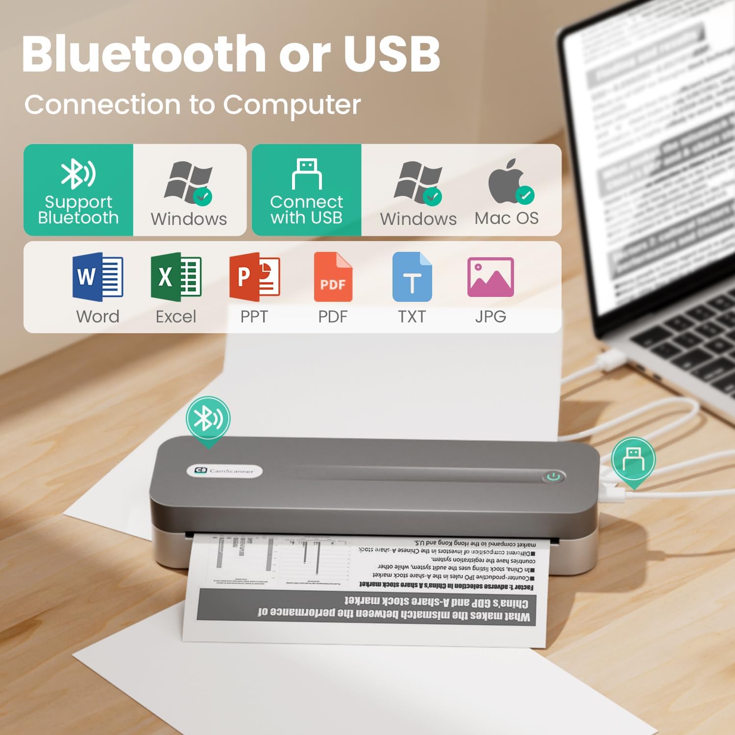 CamScanner P1 Pro printer connected via USB to a laptop