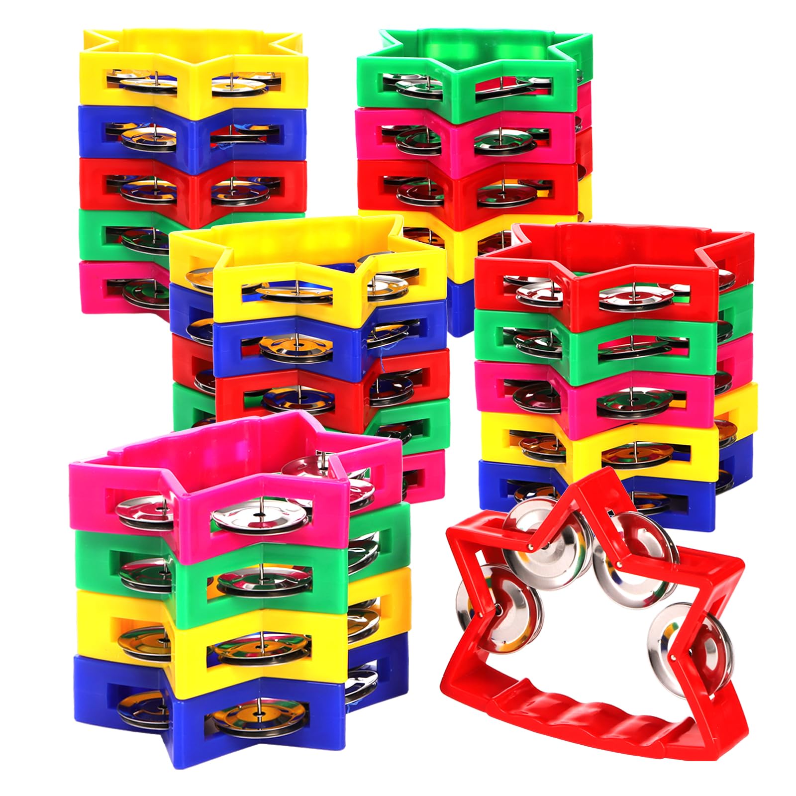 Okllen 20 Pack Plastic Tambourine, Noise Makers Percussion Tambourine Bulk, Star Shape Handheld Tambourines with 4 Bells for Church Christian Kindergarten, 5 Colors