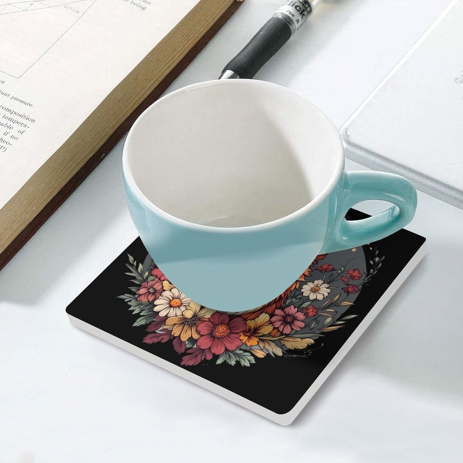 Floral Fox Flowers Ceramic Coasters Set Square Drink Coasters Table Coaster for Kitchen Desktop Decor