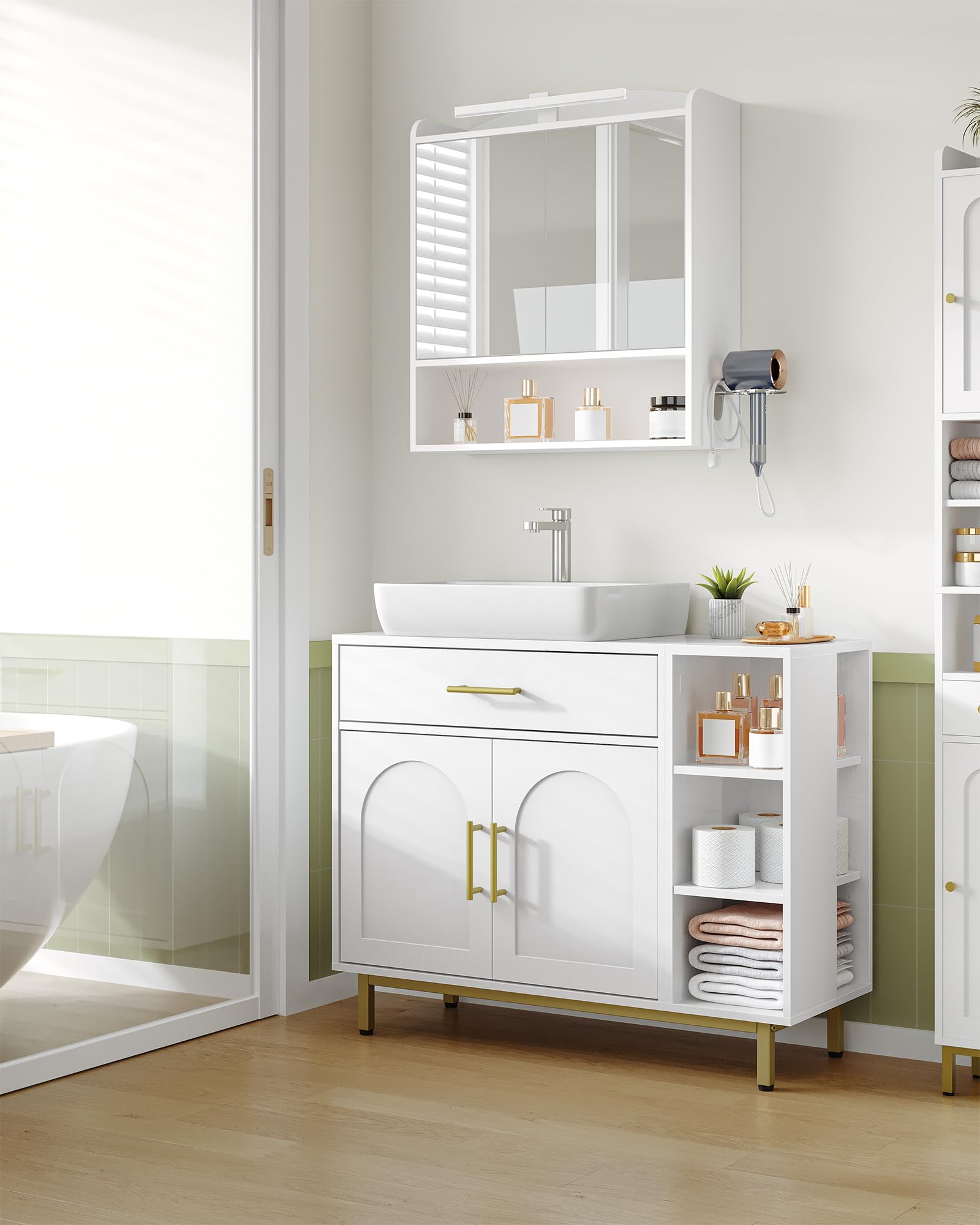 Hzuaneri Waschbeckenschrank, Badezimmerschrank, 1 Schublade 2 Schranktüren, Offenes Fach mit 3 Ebenen, Verstellbare Ablage, Weiß, 30 x 80 x 64cm BC28813G