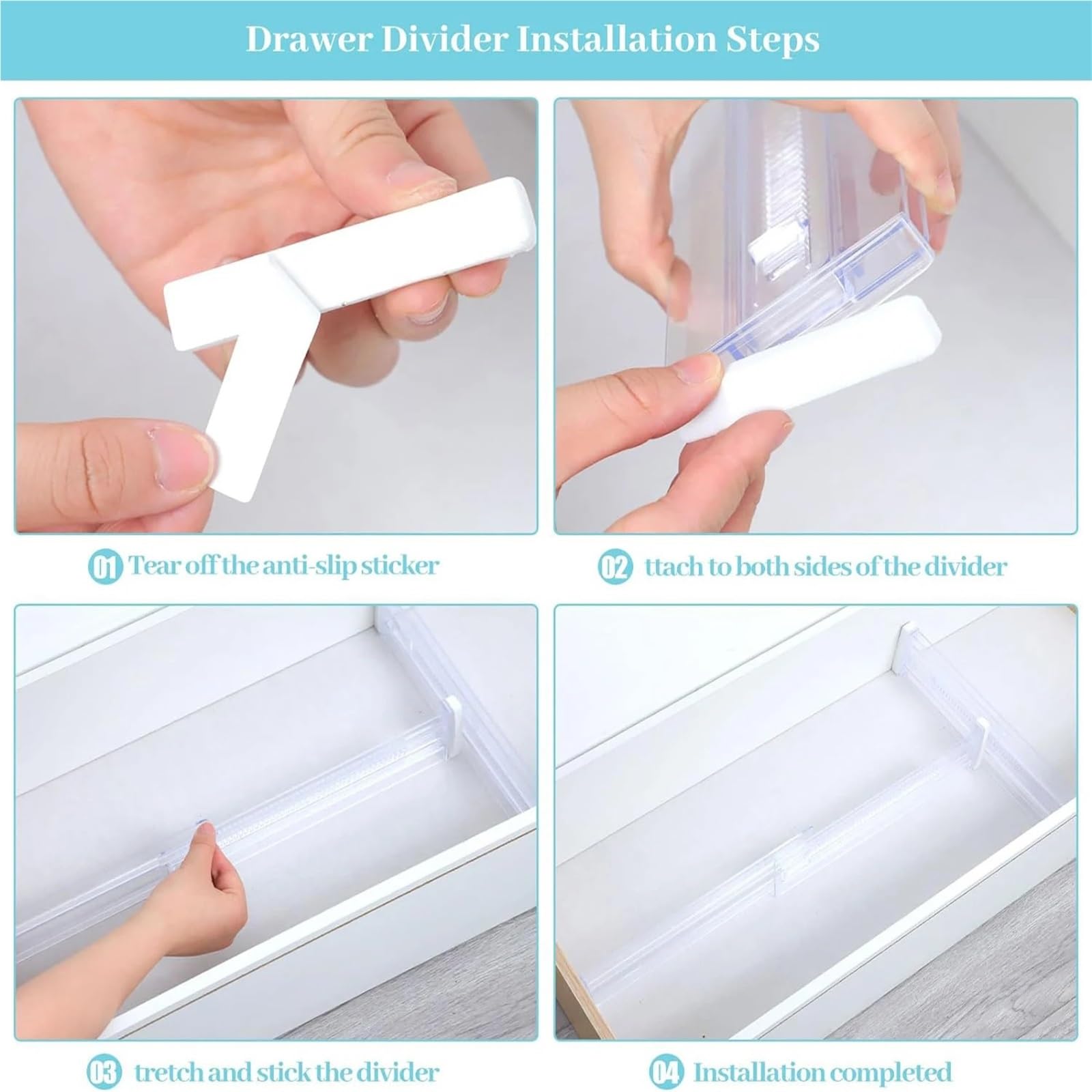 Schubladentrenner 4er-Pack Schubladenteiler, verstellbare Organizer, transparente, erweiterbare Kommode for Kleidung, Küchenutensilien