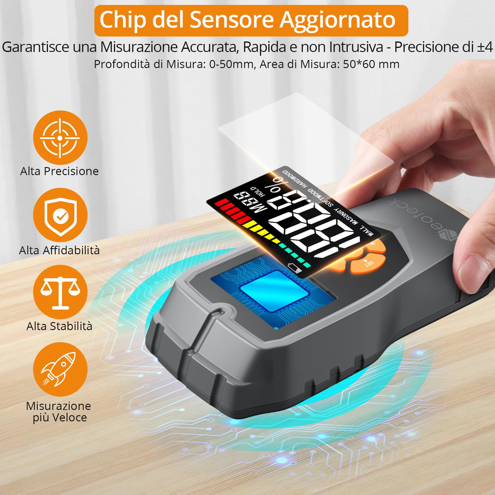 Neoteck Misuratore Umidità Legno con Display LCD Misuratore di Umidità Muri Funzione Allarme Sonoro Igrometro Professionale Senza Ago Rivelatore di Umidità per la Misurazione di Muri Legno Tenero/Duro