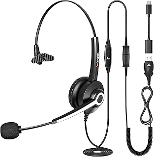 Wantek Auriculares com microfone USB - Capacetes com microfone para pc escritório Zoom Skype Laptop centro de chamadas computadores computador pessoal - conexão USB A/Tipo C