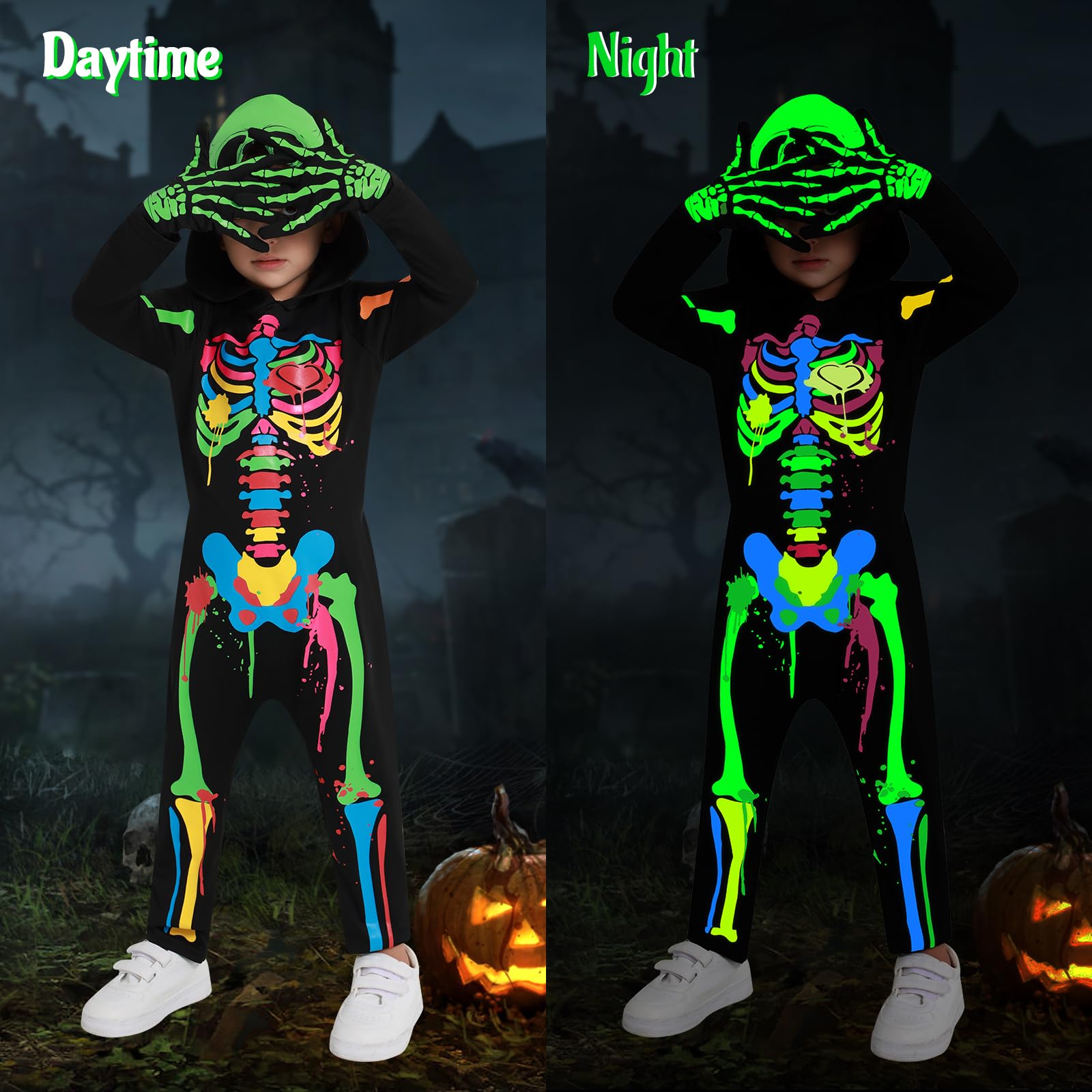 Miyanuby Kids Halloween Skeleton Costumes Toddler Boys Girls Glow in The Dark Skull Bones Luminous Hooded Jumpsuit with Gloves Baby Children Chucky Costume Blue-Green - Image 3