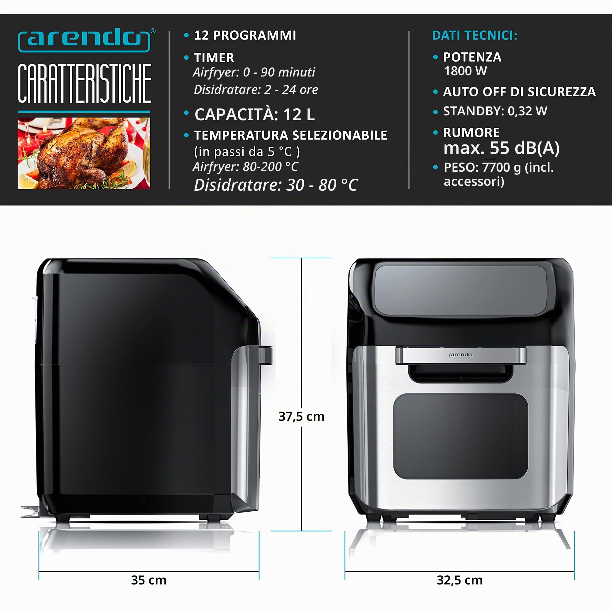 Arendo - Friggitrice ad aria calda da 12 litri - Mini forno multifunzione - Air Fryer friggitrice rotante - Kebab – Pizza - pollo – 9 Programmi - Senza BPA