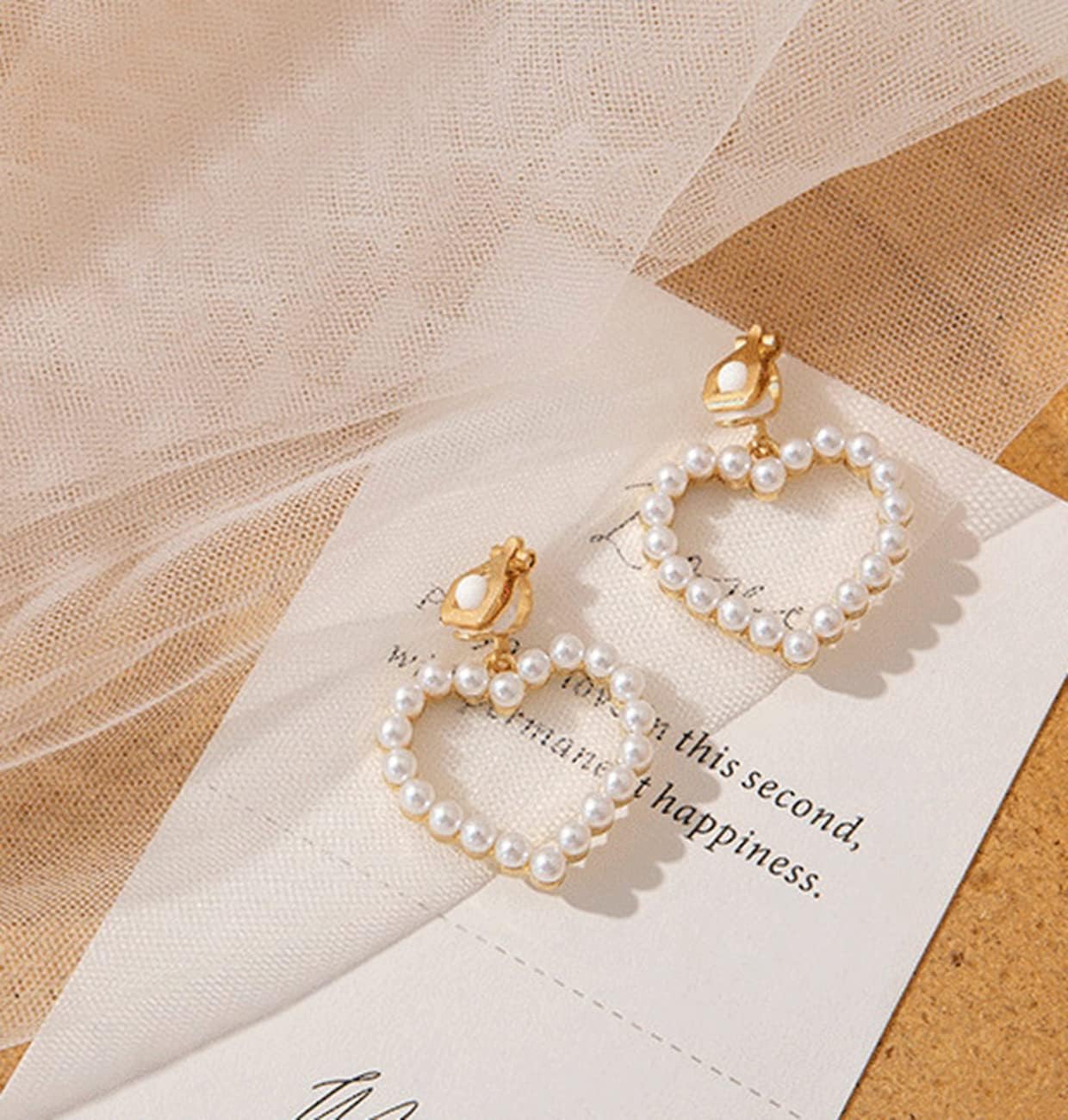 Pearl Clip on Earrings for Women Heart Drop Not Pierced Earrings - Image 2