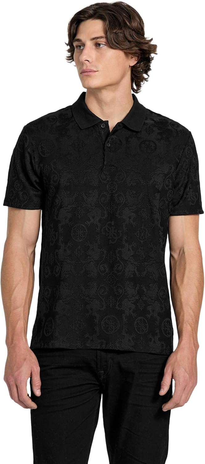 Guess Men's Eco Short Sleeve Recycled Tonal Jacquard Knit Polo