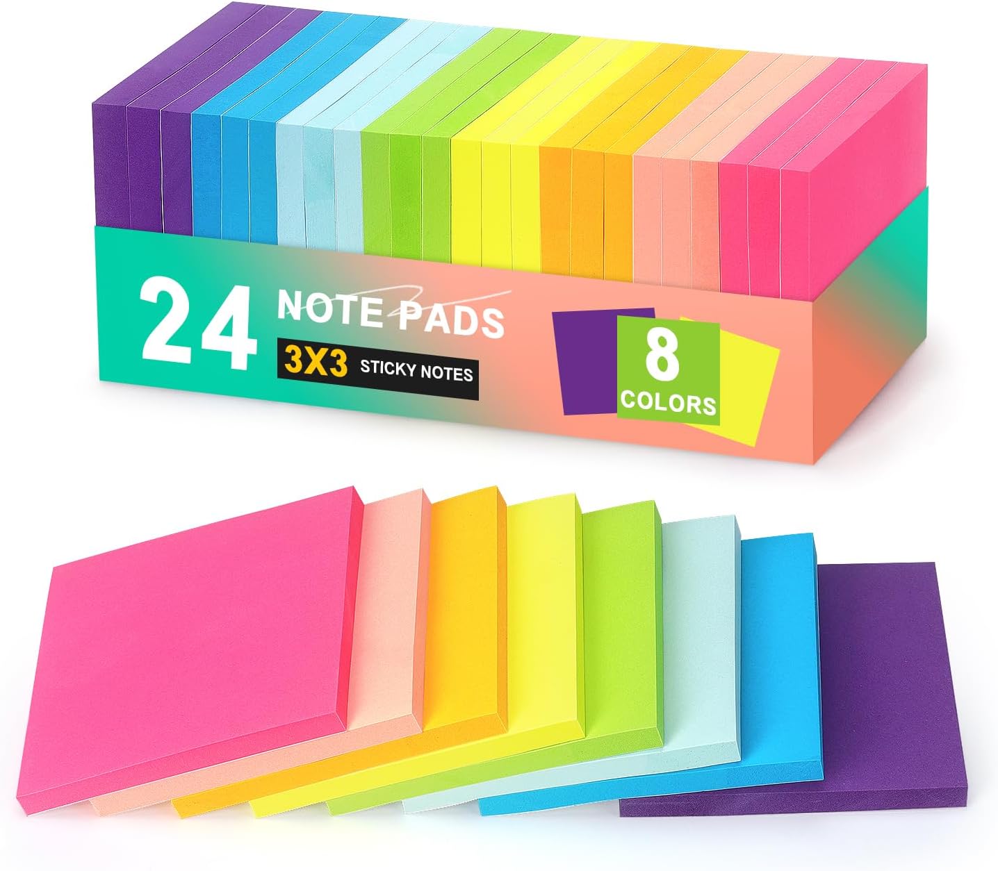 Early Buy 24 Pack Sticky Notes, 3ร3 Inch, 8 Bright Colors, Self-Adhesive Notes, 60 Sheets per Pad, 1,440 Sheets Total, for Office, School, and Home Planning