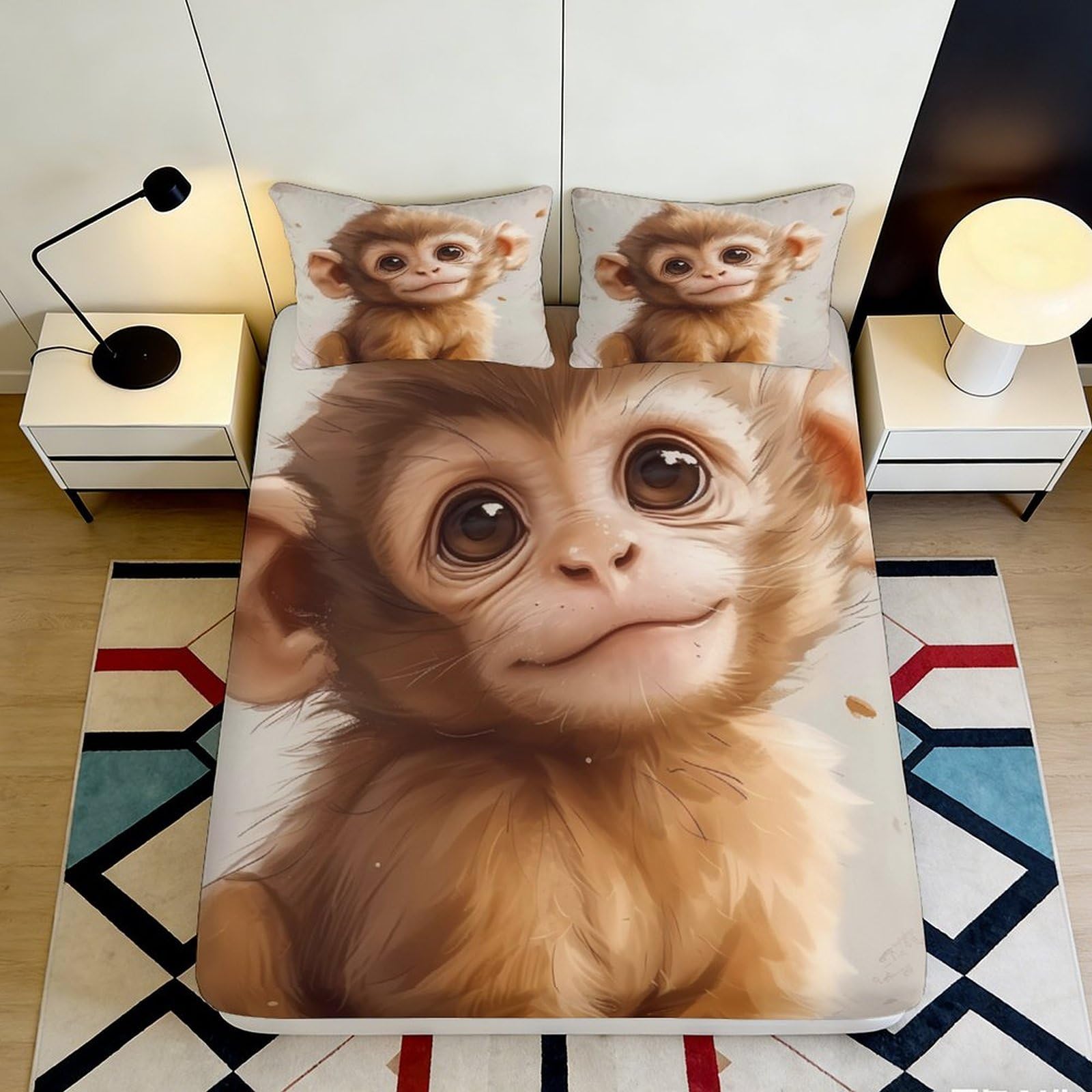 3D Printed Monkey Pattern Fitted Sheet Microfiber Non-Slip Deep Pocket Monkey Mattress Fitted Cover for Bedroom Bedding 200x200x25cm