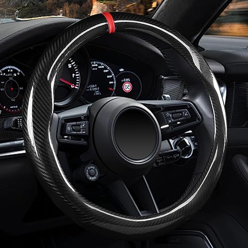 Miniatura 2 de Labbyway - Funda universal de cuero de fibra de carbono para volante de 15 pulgadas, transpirable, antideslizante, cálida en invierno y fresca en