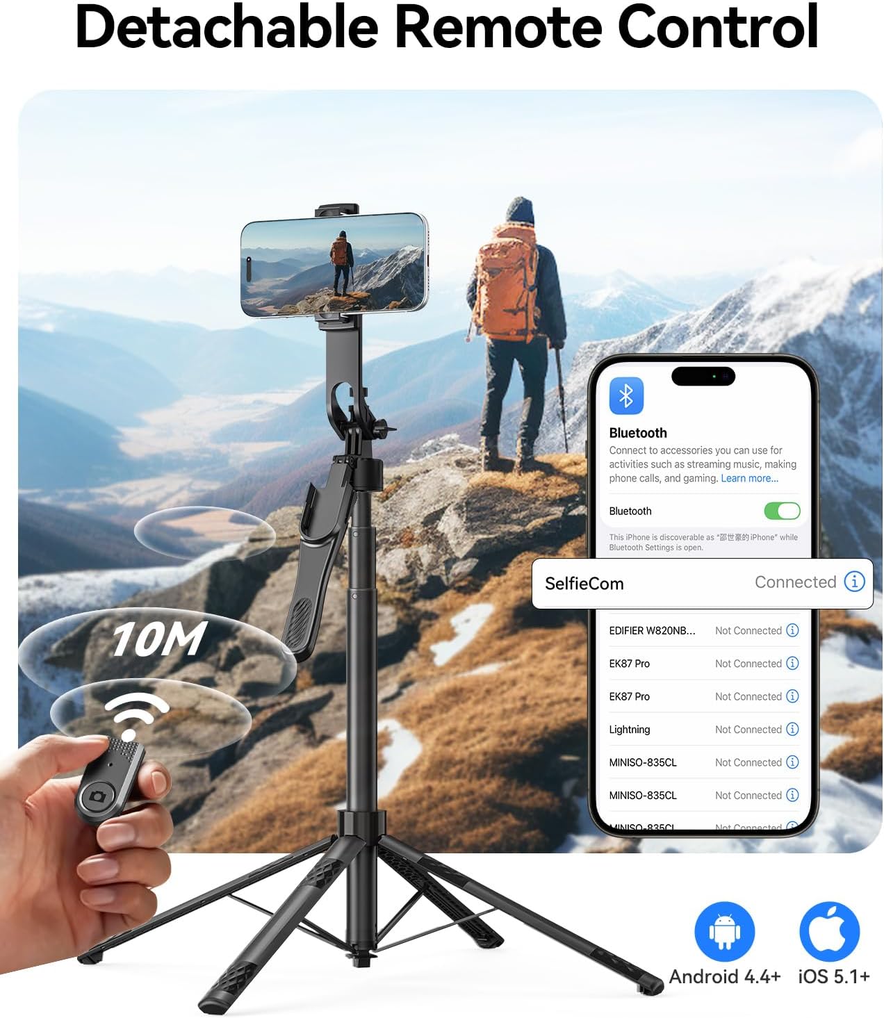 ORICO 73" Aluminum iPhone Tripod for Video Recording, Portable Tripod & Selfie Stick, 4-Leg Base, 360° Rotatable Handle, Wireless Remote, Extendable Stand for iPhone/Android/Camera/GoPro - SPN185