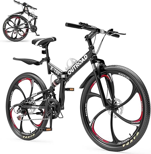 26 Inch Folding Mountain Bike, 21 Speed Full Suspension Bicycle Dual Disc Brake Non-Slip Quick Release tire for Adults Men