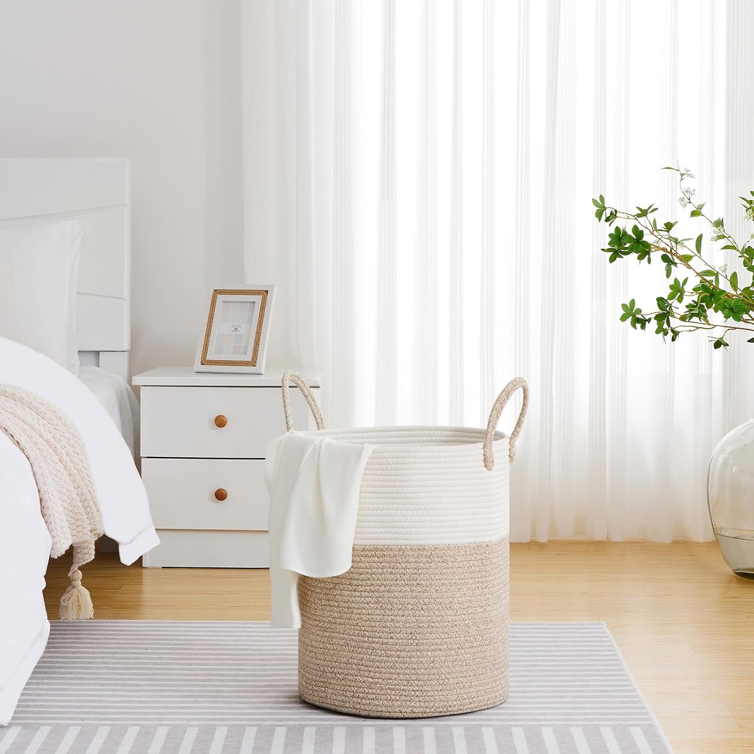 VIPOSCO Large Laundry Hamper, Tall Woven Rope Storage Basket for Blanket, Toys, Dirty Clothes in Living Room, Bathroom, Bedroom - 53L White & Brown - Image 4