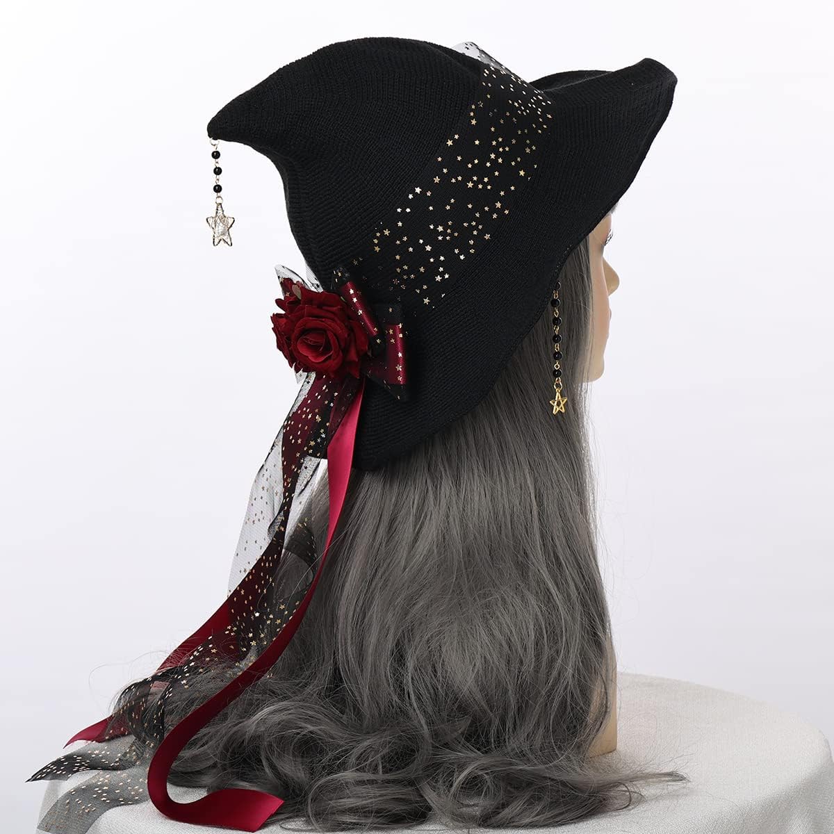 COSDREAMER Women Witch Hat Wool Knit Cap for Halloween Christmas Costume Party flowers stars bow (black red-lace) - Image 4