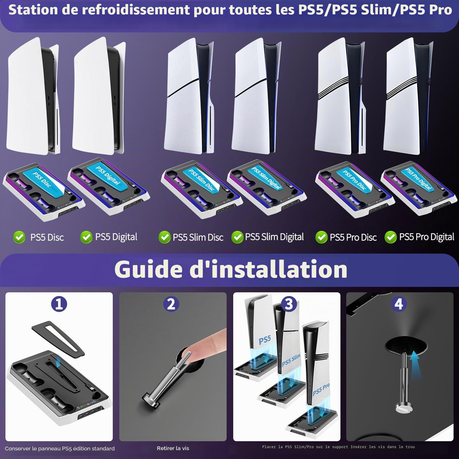 JORREPStation de recharge pour PS5/Slim/Pro et manettes Station de recharge pour console PS5 avec ventilateur de refroidissement, double chargeur de manettes,support de refroidissement