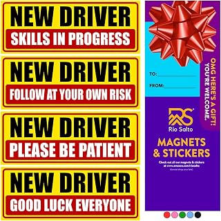 Rio Salto 4-Pack Large New Driver Car Sticker Please Be Patient Stickers Permit Student Driver Sticker Cool Prank Rookie Funny (Magnet, Classic)