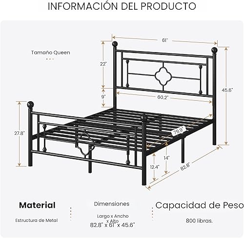 Miniatura 2 de SHA CERLIN Marco de cama de plataforma de metal tamaño Queen de 14 pulgadas, cabecero y estribo de hierro vintage, base de colchón para