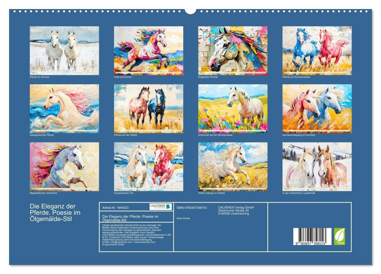 Die Eleganz der Pferde. Poesie im Ölgemälde-Stil (hochwertiger Premium Wandkalender 2026 DIN A2 quer), Kunstdruck in Hochglanz: Die Anmut und Kraft ... Ölgemälde-Stil (CALVENDO Tiere)