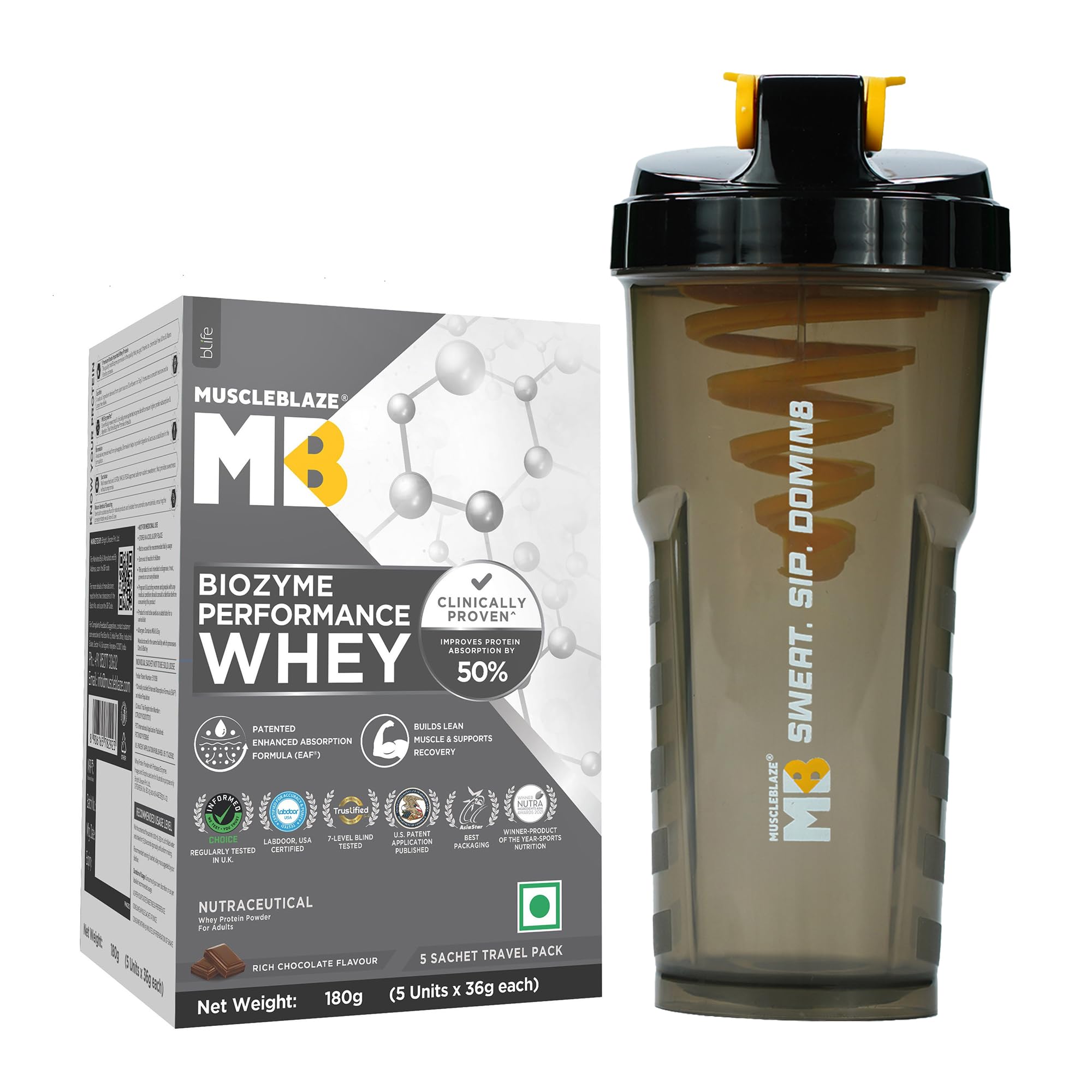 MuscleBlaze Biozyme Performance Whey Protein Powder, Rich Chocolate, 5 Sachets (36g Each) | Travel Pack with Shaker | 25g Protein Per Sachet-image-38