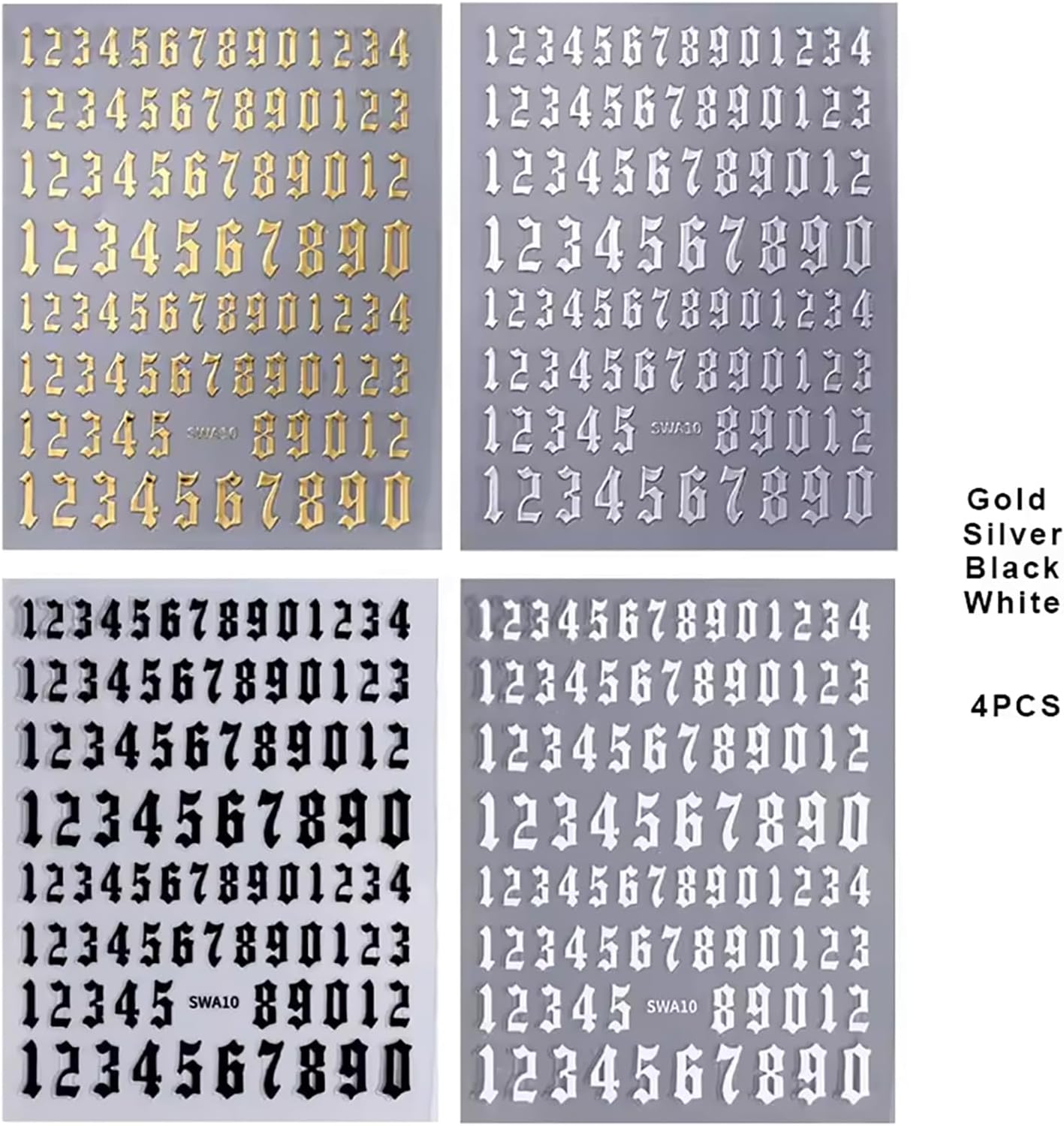 4 Sheets Old Numbers Nail Stickers, Retro Number Nail Art Stickers, Self-Adhesive Numerals Decals for Nails, Gold Silver Black White Manicure Designs for Women Girls DIY Decoration