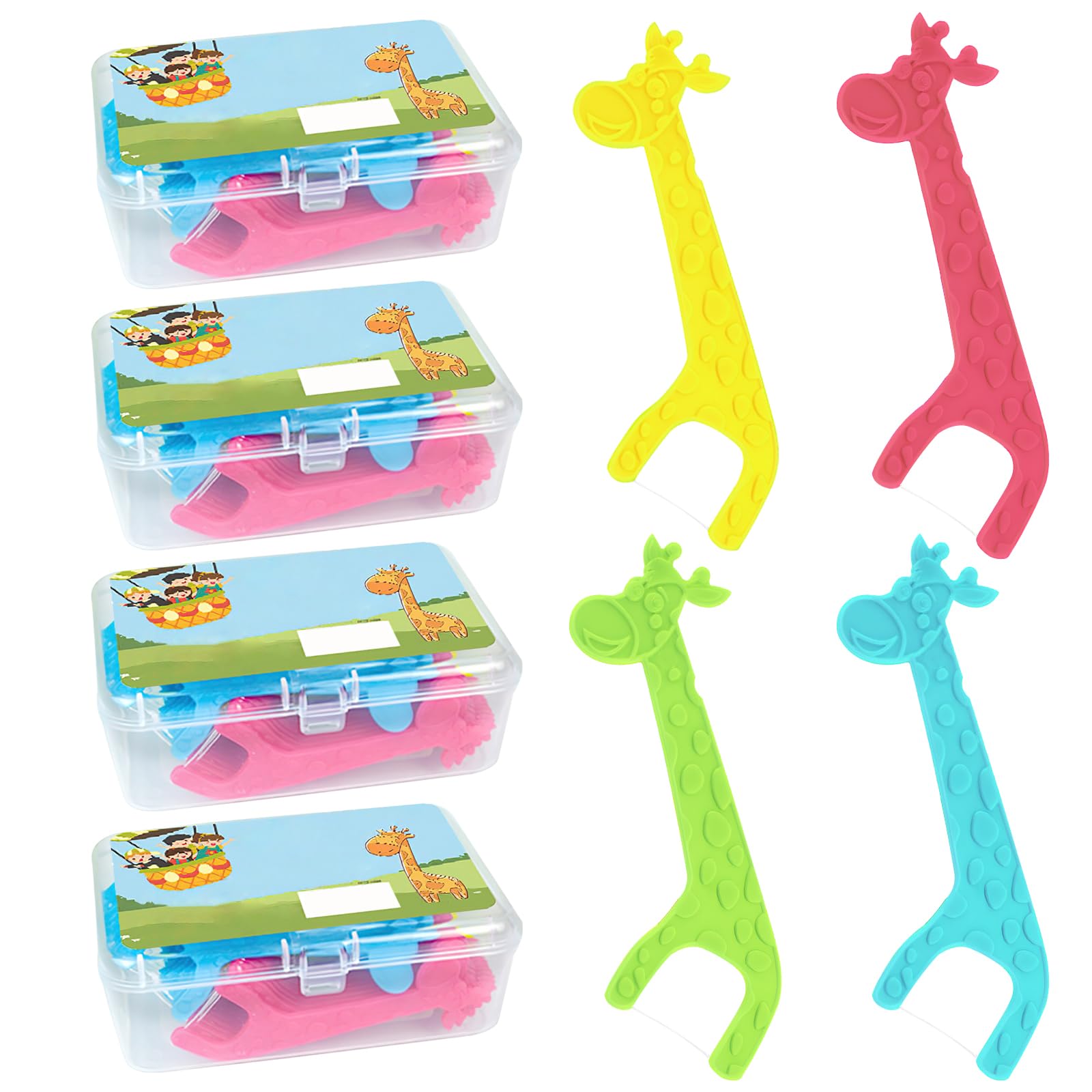 TNSLAND Filo Interdentale per Bambini Giraffa 4 Colori 4 Confezioni da 40 Fili Senza Cera e Antiscivolo per Spazi Ristretti