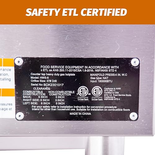 Miniatura 9 de Placa caliente de gas comercial, 36 pulgadas, 6 quemadores, 180,000 BTU, rango de encimera resistente, certificación ETL, acero inoxidable de alto