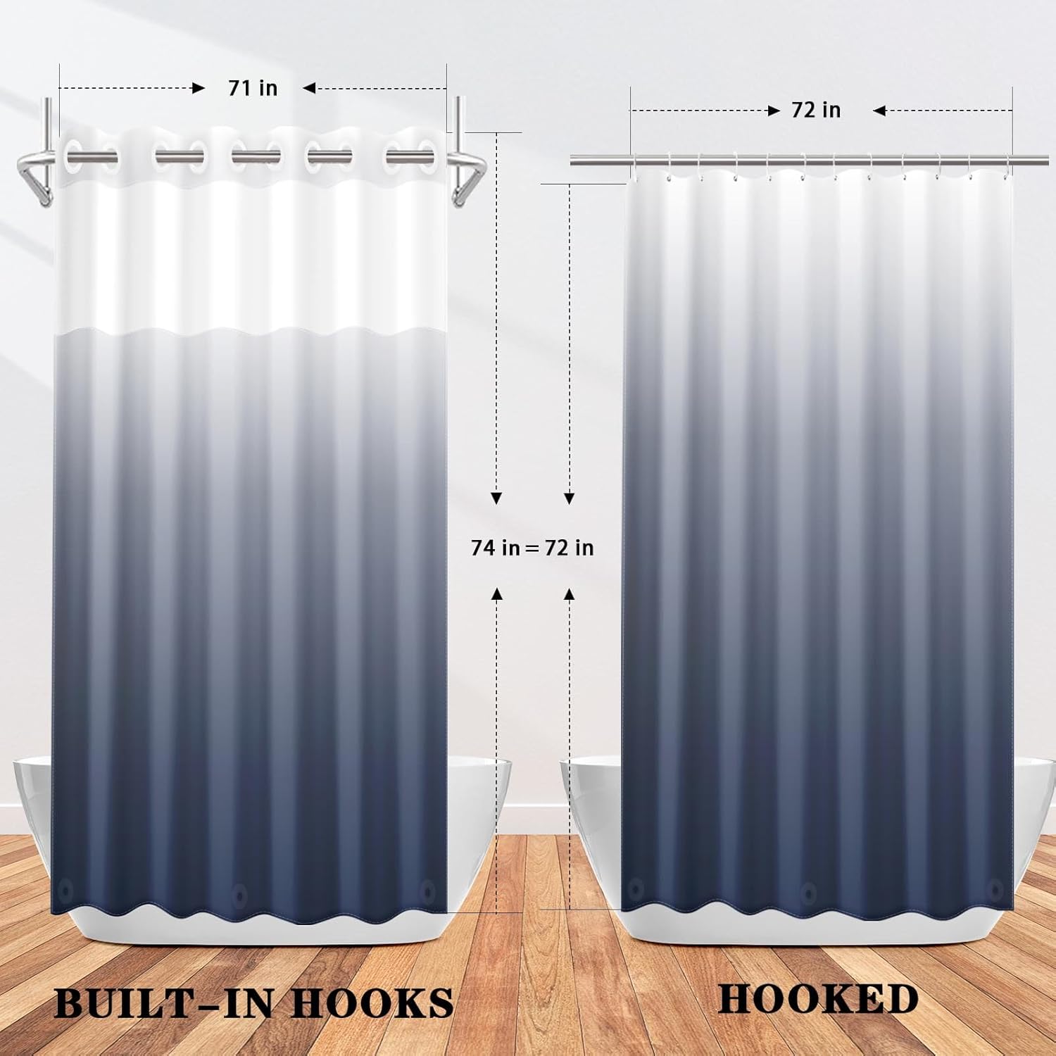 No Hook Ombre Navy Blue Shower Curtain with Snap-in PEVA Liner Set, Modern Design Hotel Style with See Through Top Window Double Layers Waterproof Bath Curtain 71x74 Inch
