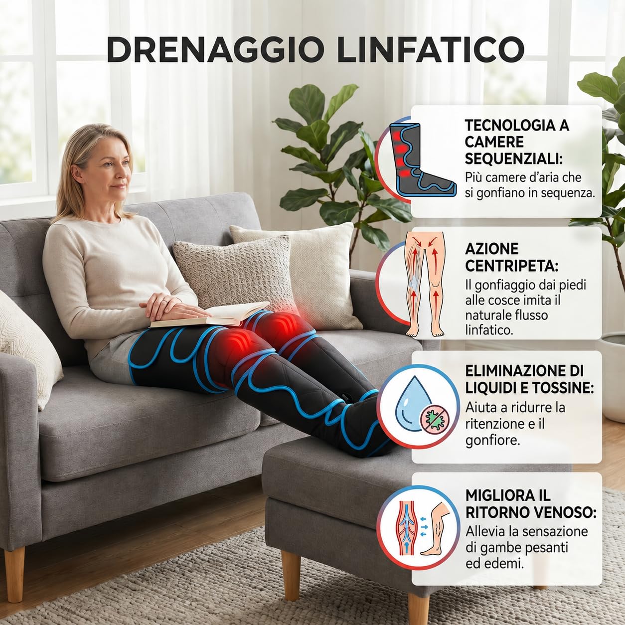 ECODE Pressoterapia Linfodrenaggio Massaggio Linfatico Drenante per Circolazione, Vene Varicose e Ritenzione Idrica Gambe Gonfie, Piedi, Polpacci e Caviglie – Gambali con Massaggiatore Linfodrenante