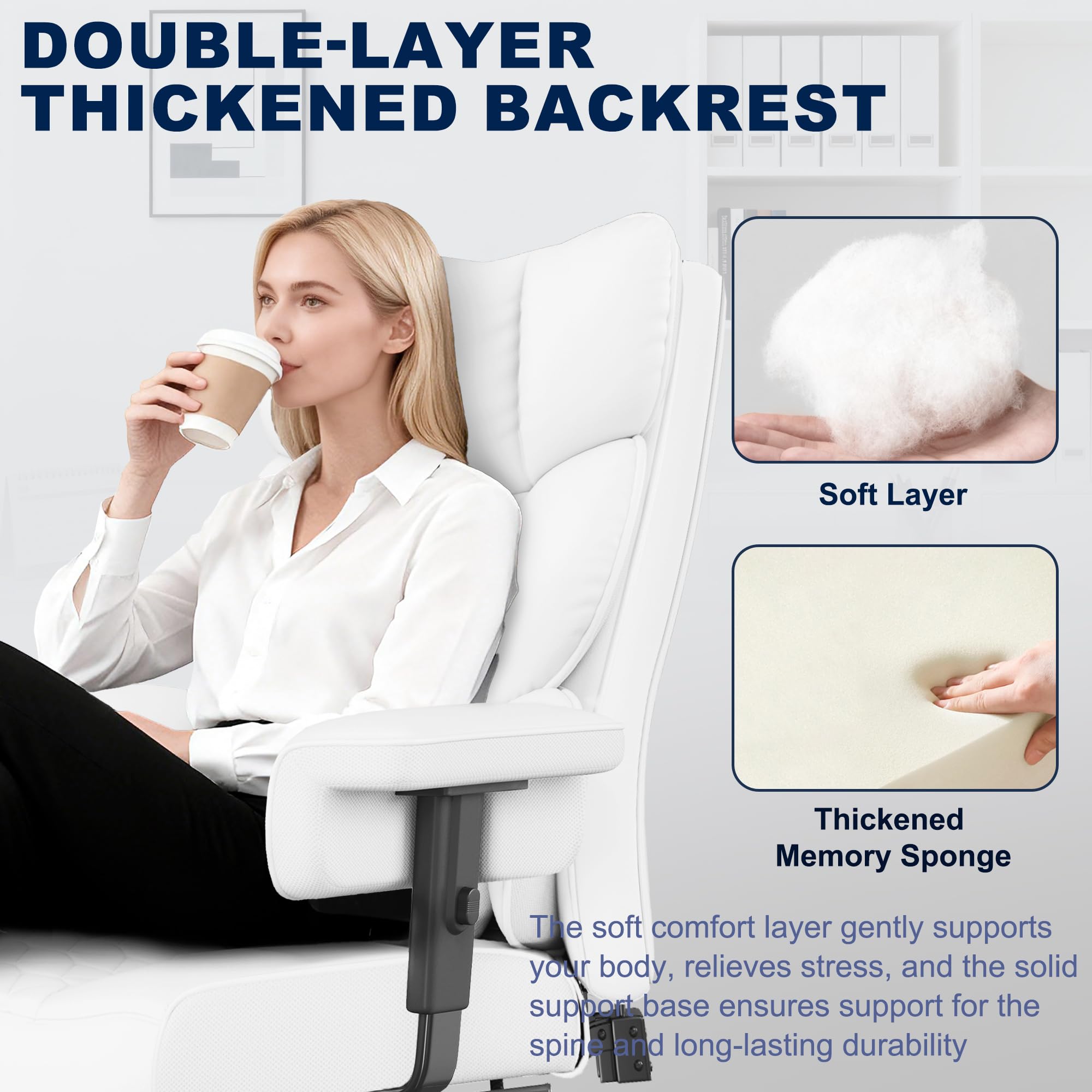 Misolant Big and Tall Office Chair with Footrest, High Back Executive Desk Chair with Adjustable Lift Armrest, 155°Recline，Lumbar Support Pillow, Faux Leather Gaming Chairs for Home or Office White