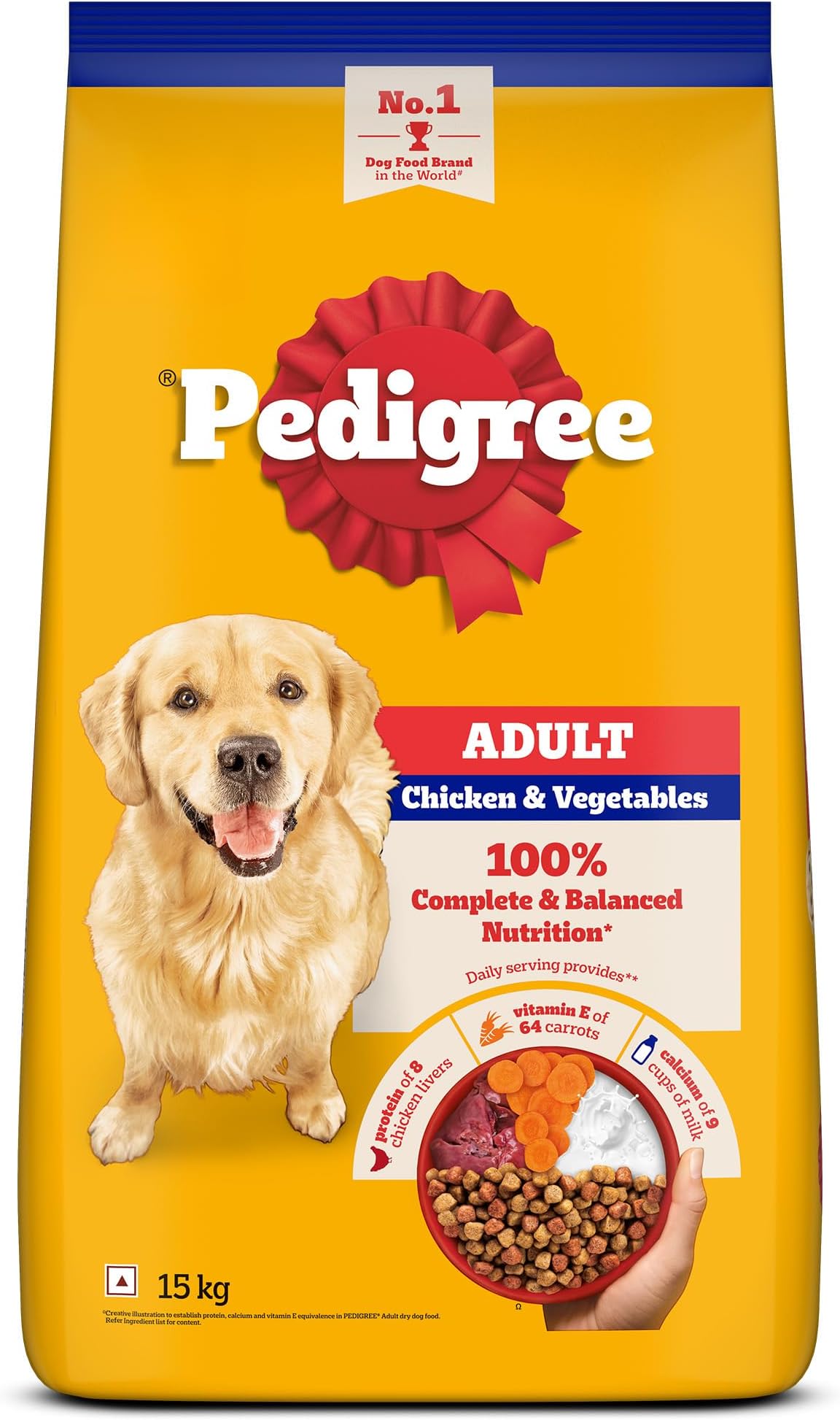 Pedigree Adult Dry Dog Food, Chicken & Vegetables, 15 kg, Contains 37 Essential Nutrients, 100% Complete & Balanced Food for Adult Dogs