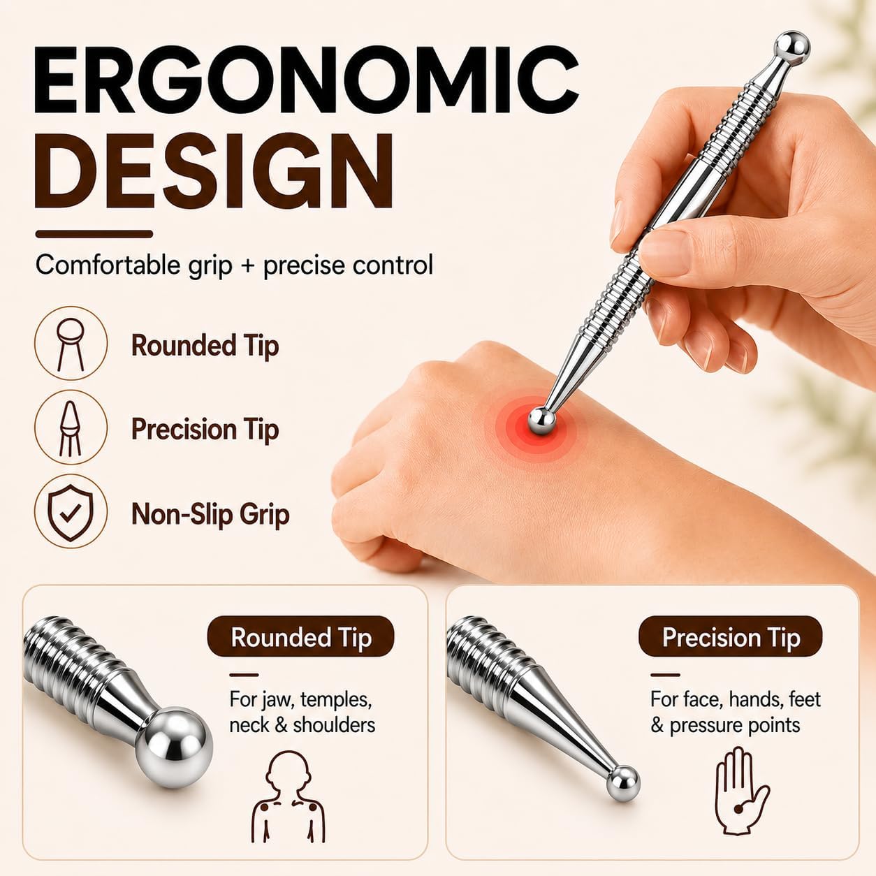 Melonsun Stainless Steel Acupressure Pen for TMJ Relief, Jaw Tension and Jaw Clenching, Pressure Point Massage Tool for Face, Jaw, Neck, Shoulders and Full Body, FSA-HSA-Elegible