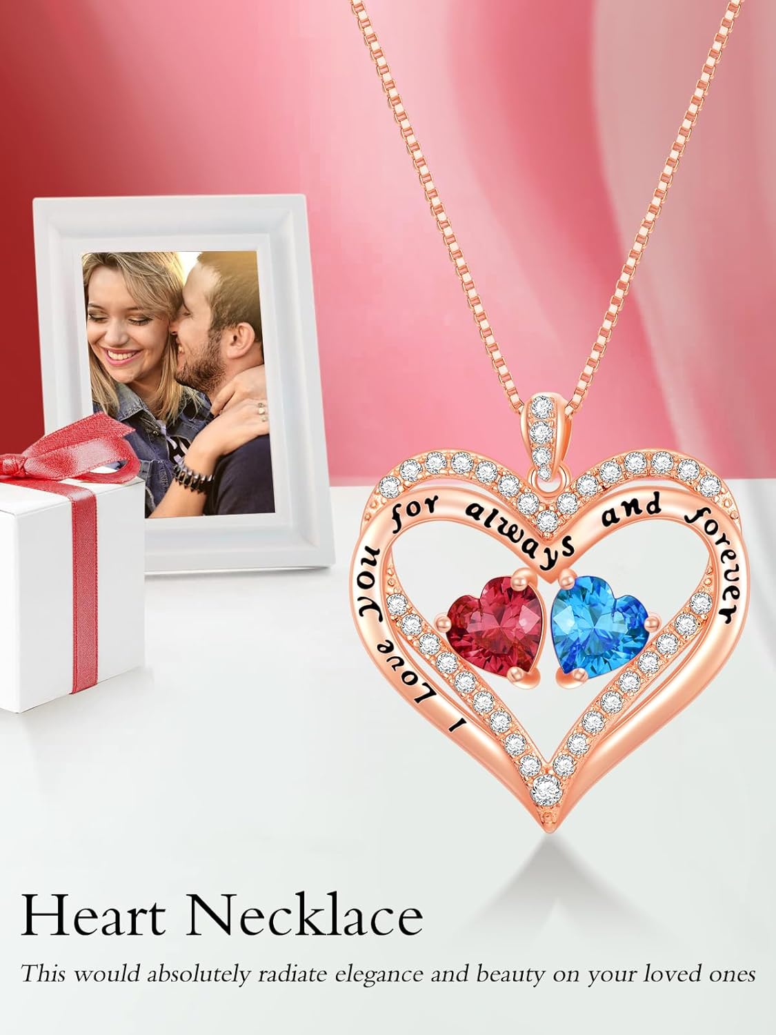 Heart Pendant Necklace I Love You for Always and Forever 12 Months Birthstone Necklace 18k Rose Gold Plated Double Heart Necklace Christams Valentine's Day, Mother's Day, Birthday - Image 3