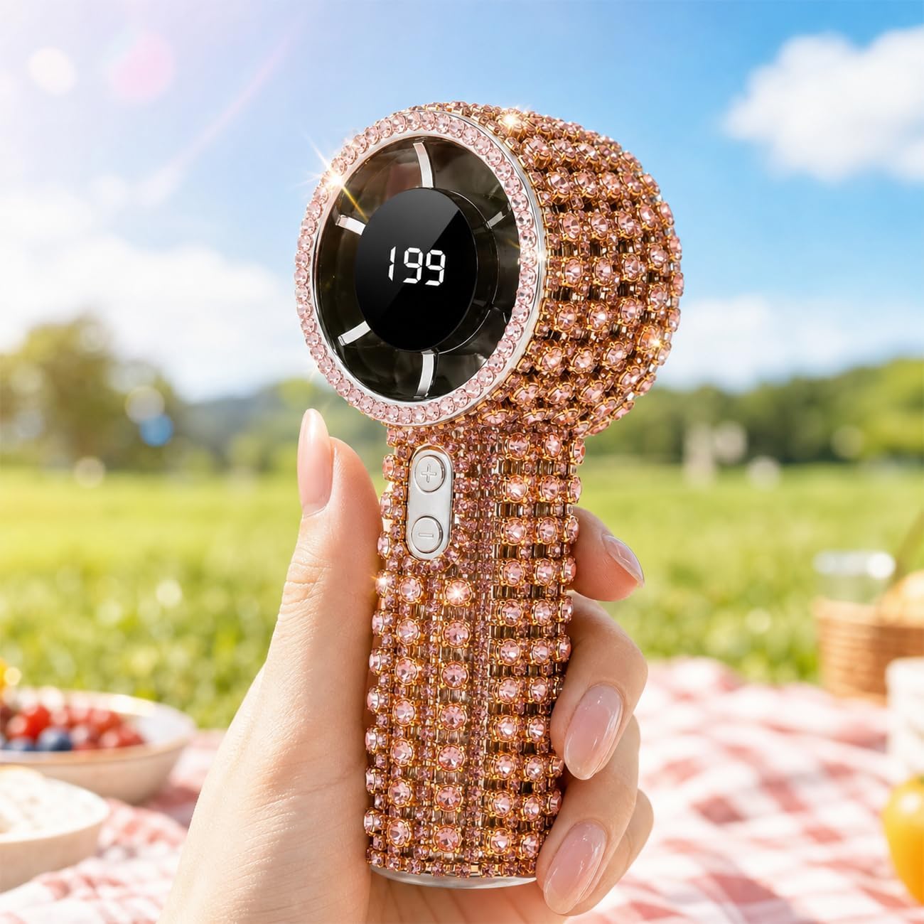 Portable Handheld Turbo Fan - Fashion Full Diamond 1800mAh USB Rechargeable Personal Battery Operated Small Pocket Fan for Outdoor Activities (D-Pink) image 3