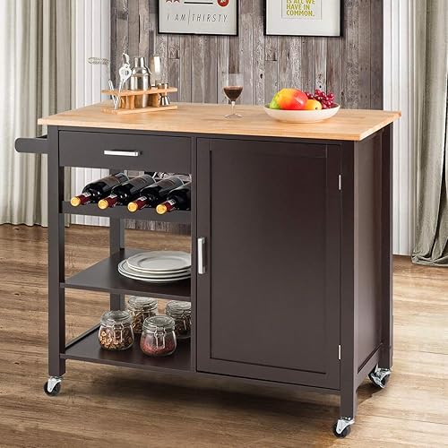 Miniatura 2 de Giantex Kitchen Island Cart Carrito de servicio con ruedas, carrito de madera con cajón, armario de almacenamiento, 4 estantes para botellas de