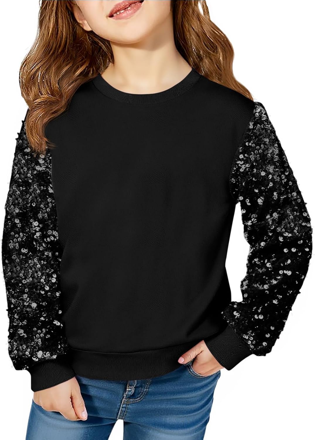 Haloumoning Girls Sequin Sweatshirt Kids Sparkle Long Sleeve Pullover Tops Fall Fashion Clothes 5-14 Years