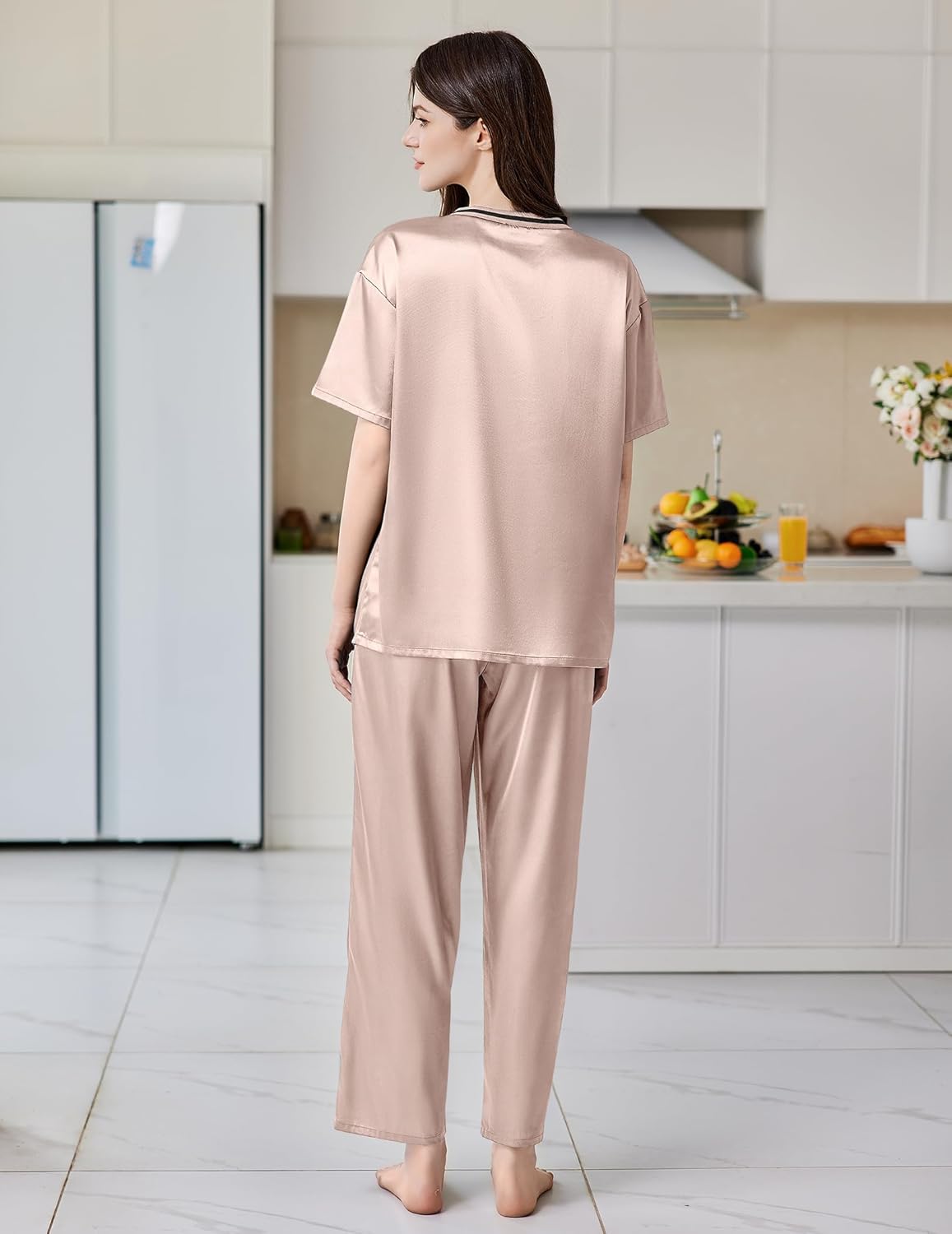 Ekouaer Satin Pajama Set for Women Short Sleeve Silky Pjs 2 Piece Lounge Sets Soft Comfy Sleepwear Loungewear S-XXL - Image 2