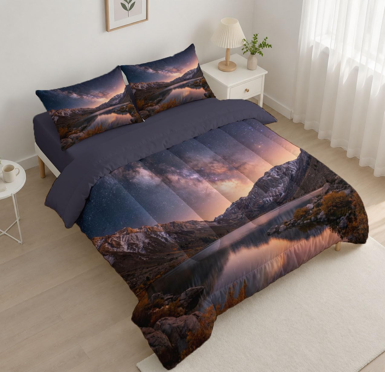 Milky Way Realistic Landscape Comforter Set Queen Size, Star River Lake Bedding Set for Girls Boys, Dark Purple Quilt Bed 90"X90" Bedding Comforter Sets with 2 Pillowcase Room Decor