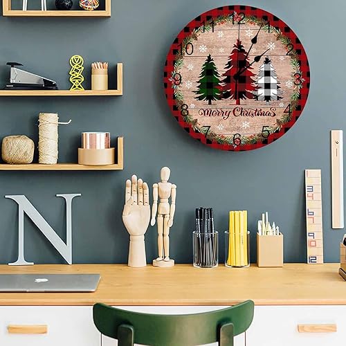 Miniatura 5 de Reloj de pared de PVC silencioso de Navidad de 10 pulgadas, reloj de pared redondo de búfalo rojo y negro a cuadros, árbol de Navidad, copo de
