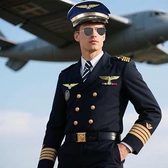 Airplane Captain Costume Airline Pilot Hat Accessories,Mens Costumes Fancy Dress, Includes Pilot's Cap, Epaulettes, Lapel Pin, Badge, Tie, and Sunglasses, black