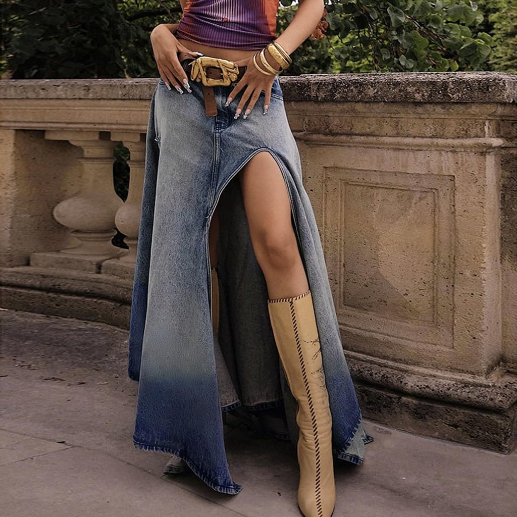 Gonna Lunga in Denim da Donna con Spacco Sexy sulla Coscia e Vita Alta Gonne Estive Casual A-Line Midi con Tasca