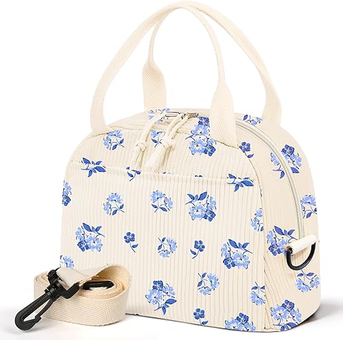 Miniatura 13 de Lonchera para mujer, lonchera con diseño floral, bonita lonchera aislada de pana con correa para el hombro para mujeres adultas, para el trabajo,