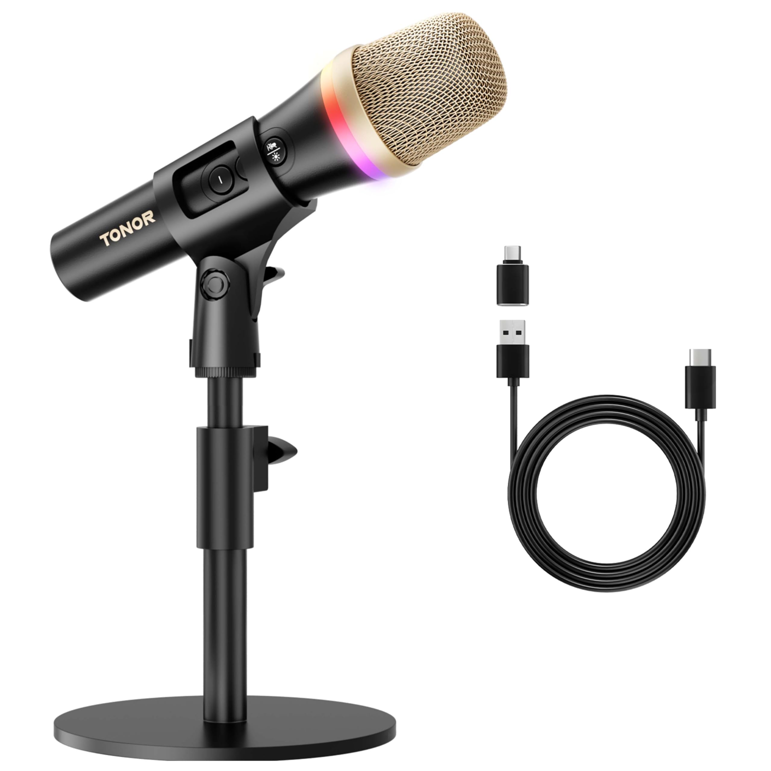 TONOR Mikrofon dynamiczny USB/typ C do komputera PC, mikrofon do gier komputerowych do podcastów RGB ze stojakiem biurkowym do nagrywania, Na żywo,YouTube, śpiewania, studia, karaoke czarny