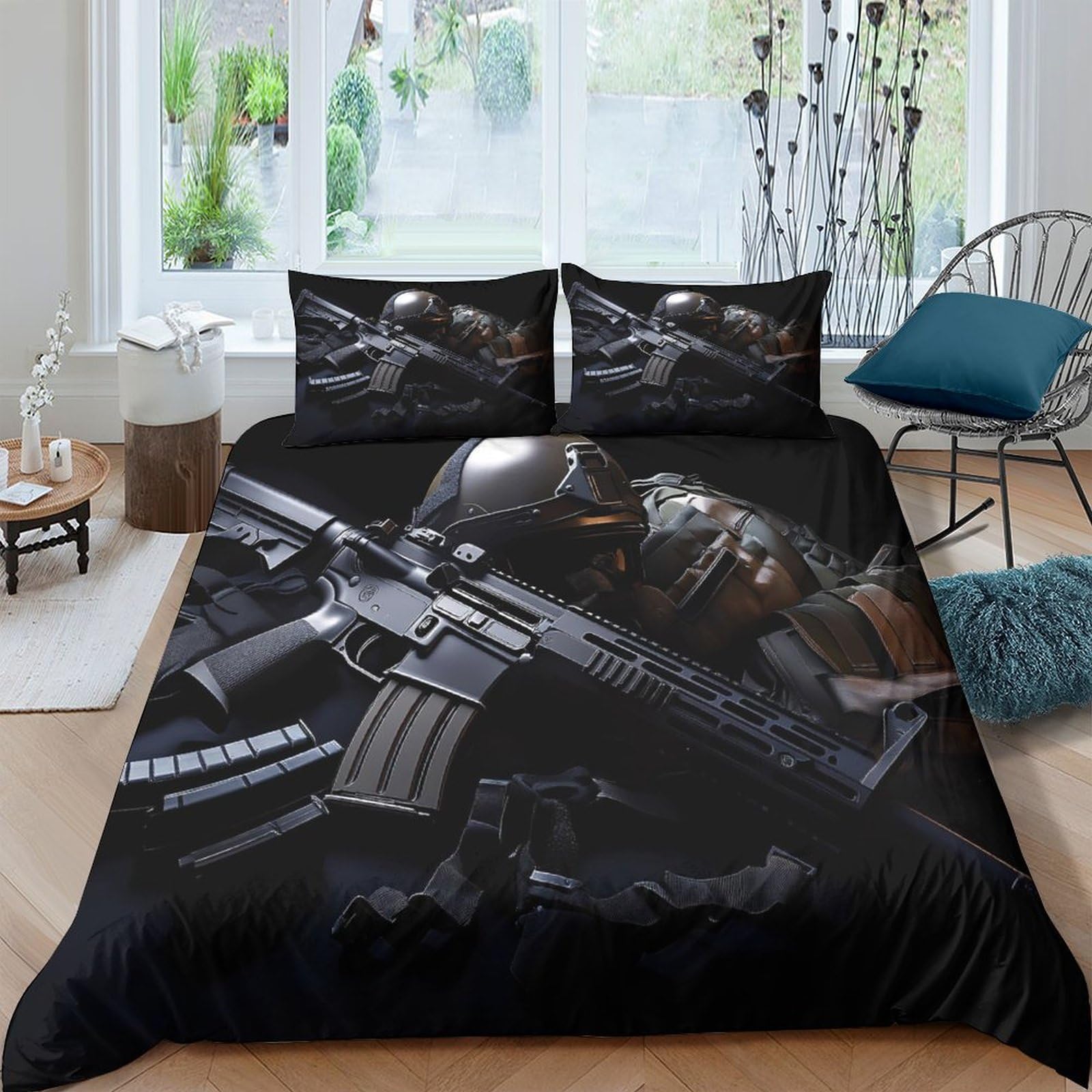 Ctjqhvkz Style-6 3D Printed Tactical Rifle Fitted Sheet Microfiber Soft Black Camouflage Bed Cover For Bedroom Guest Room Decor Single（135X200cm）