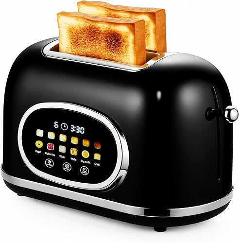 Roter Mond Tostadora de 2 rebanadas con pantalla táctil inteligente, tostadora de pan retro de acero inoxidable con temporizador digital, modo de