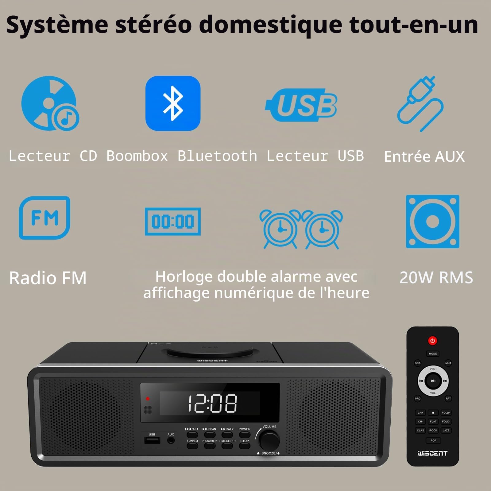 Système stéréo Home CD avec Lecteur CD, Radio FM, Bluetooth, entrée auxiliaire, Port USB, Montre numérique, Radio-réveil Lecteur CD, Micro Chaine Stereo