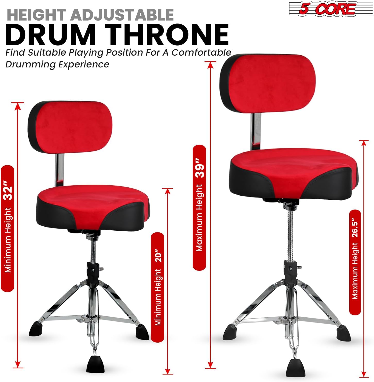 5 CORE Drum Throne w Backrest 4" Padded Stool Swivel Adjustable 26.5" Drummer Chair w Ergonomic Motorcycle Seat Velvet Top Heavy Duty 441Lb Capacity for Adults & Kids - DS VEL Rest SWL (Red)