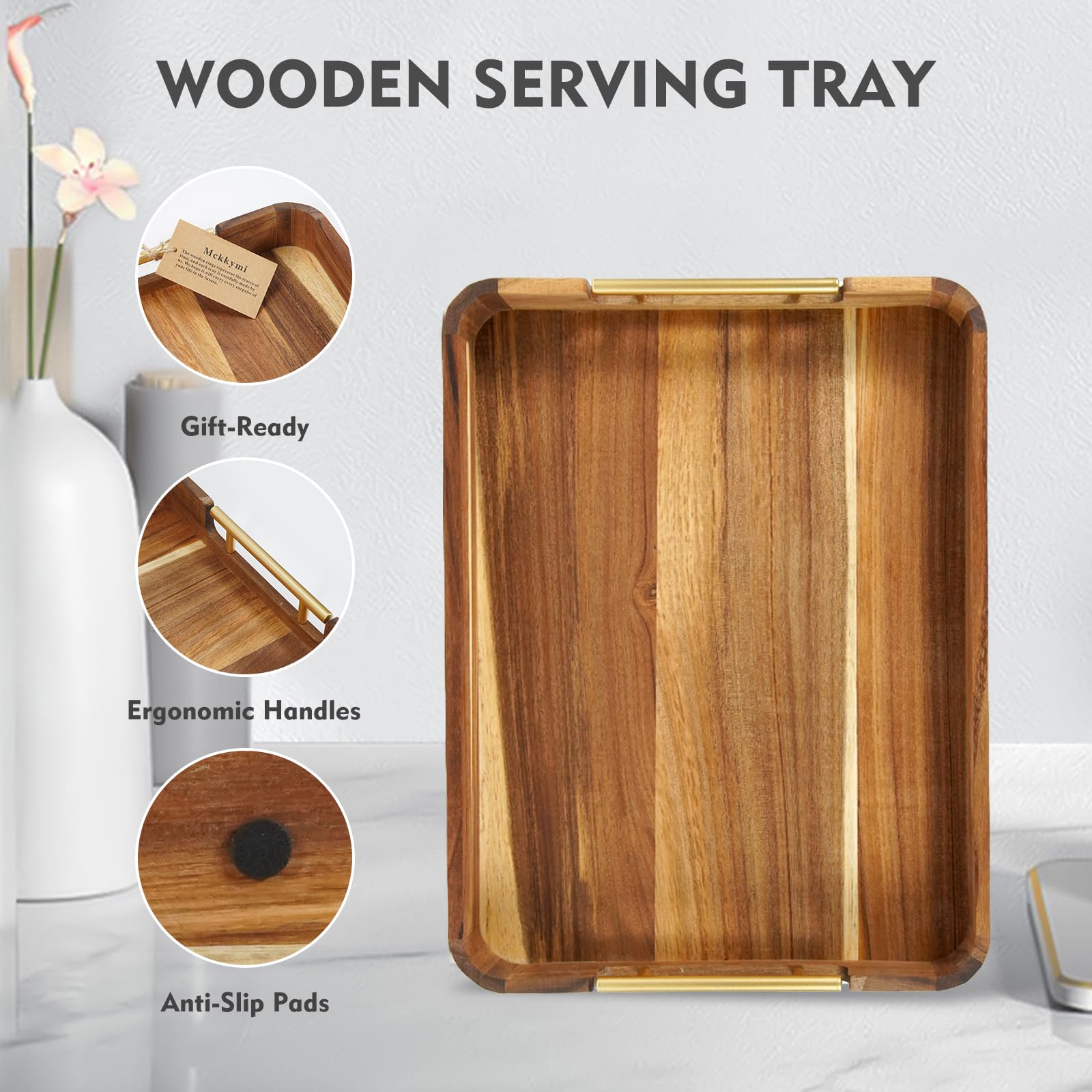 Vassoio da portata in legno di acacia con manici in metallo, vassoio decorativo naturale per ottomana, cucina, 43 x 33 cm, per tavolino, colazione, cena e bar, vassoio decorativo naturale per