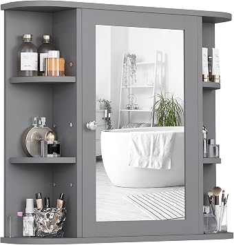 Shintenchi Bathroom Wall Cabinet with Mirror, Mounted Medicine Cabinets with 4 Internal and 6 Open Shelves, Mirrored Door Over the Toilet Storage, Gray